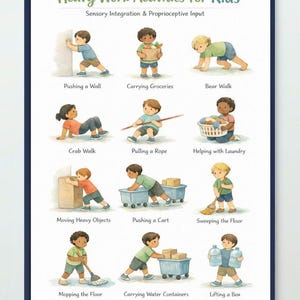 Op de afbeelding: Een poster getiteld "Zware Werkactiviteiten voor Kinderen" met illustraties van kinderen die verschillende activiteiten uitvoeren. De activiteiten omvatten het duwen van een muur, het dragen van boodschappen, berenloop, krabbenloop, aan een touw trekken en helpen met de was.