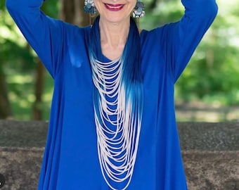 african fabric necklace,textile necklace,blue ombre necklace, statement necklace,scarf necklace, dip dye, strands necklace, textile jewelry