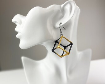 Cube Drop Earrings, Black and Gold earrings, Geometric Earrings