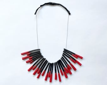 short black and Red Necklace, Short Rubber Necklace, Short Strands Necklace, Black Rubber Necklace ,Rubber Bib Necklace