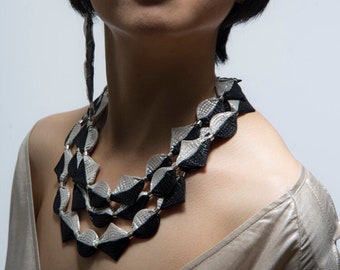 Shiny Fabric Black & Cream Geometric Bib Necklace