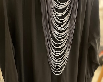 Grey fabric necklace, dip dye, necklace, blue Ombre necklace, statement necklace, ,multi strands necklace, long fabric necklace