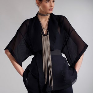 Fringe fabric necklace-Long drop necklace,multi strand - statement fabric necklace - long fringe textile necklace