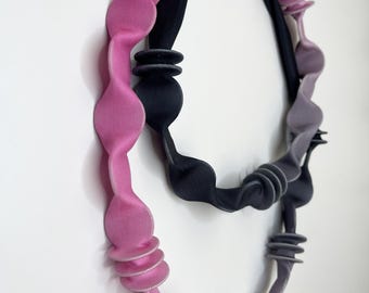 Ombre' Pink Grey Necklace , Sculptured Fabric statement necklace , long fabric necklace