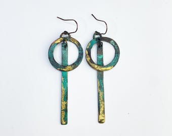 Resonance Earrings | Long Copper Patina Earrings | Handmade Artisan Jewelry | Geometric Statement Earrings | Gold Turquoise Oxidized Copper