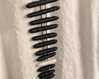 Black and White Drop Necklace – Sculptural Statement Necklace, Rubber and Fabric Beads, Modern Art Jewelry by Frog Aspect