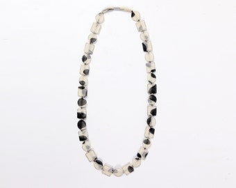 Polka dots necklace,black and white print  statement necklace, discs jewelry, fabric jewelry, elegant jewelry, long necklace,