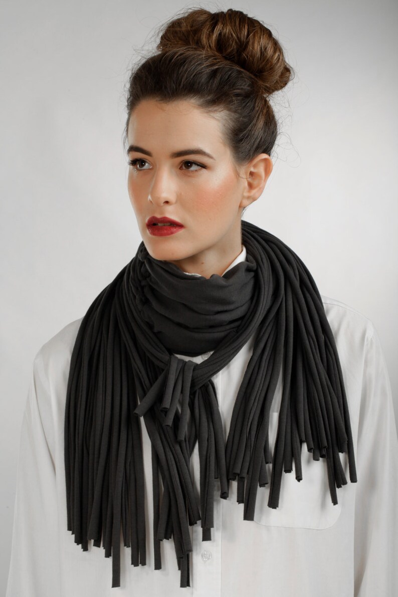 Dark grey Fringe sculptured Scarf,versatile scarf image 1