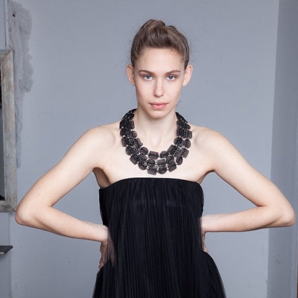 fabric Black necklace- Big fabric necklace -Big Black necklace - gift for mom - printed fabric necklace