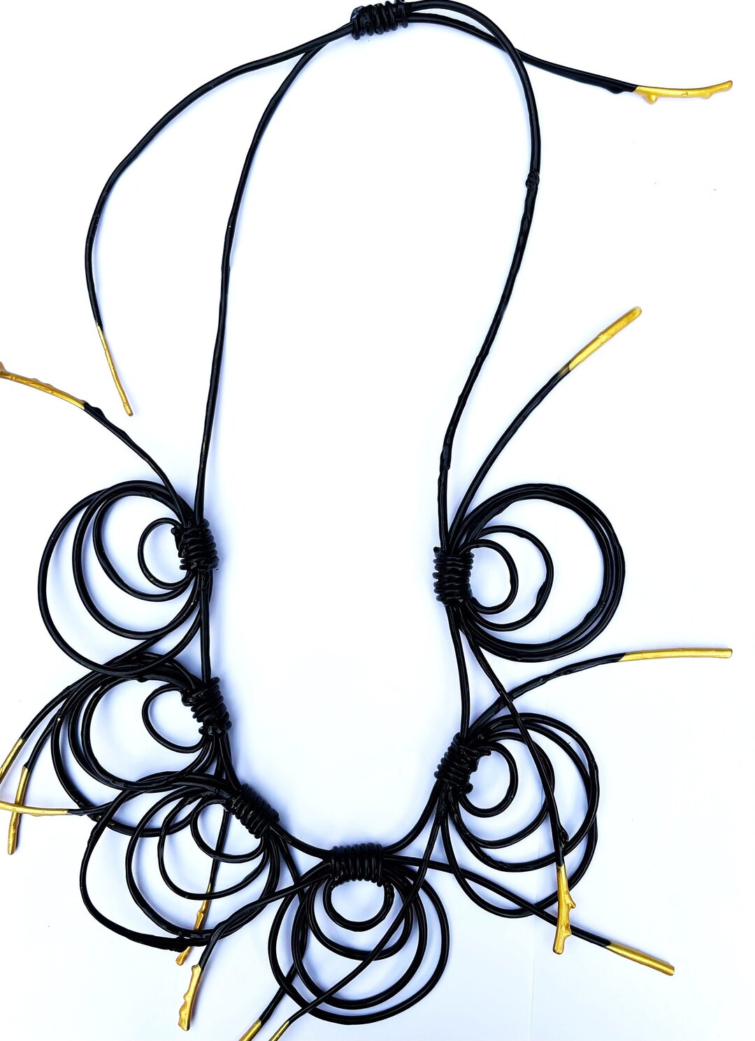 Black and Gold Rubber Necklace, Black Rubber Necklace, Circles Bib