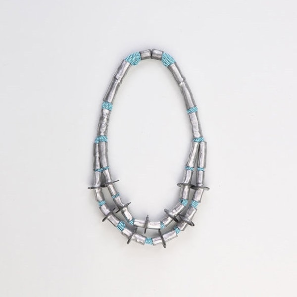 Tribal necklace, african jewelry, textile necklace, boho chic jewelry, turquoise metallic necklace, fiber jewelry