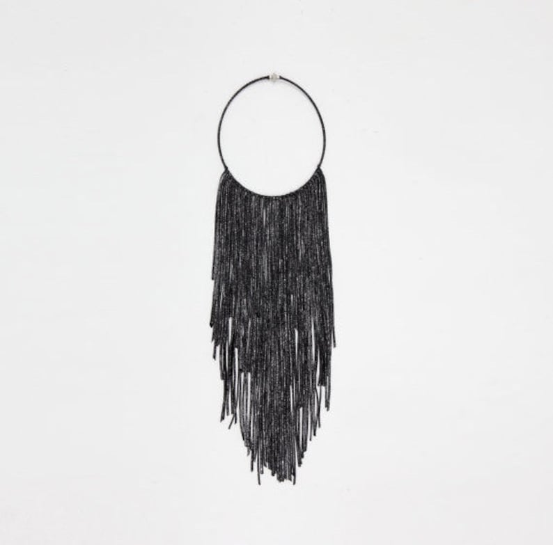 black metallic necklace fabric necklace boho necklace fringe necklace textile jewelry collar necklace tribal necklace bride jewelry