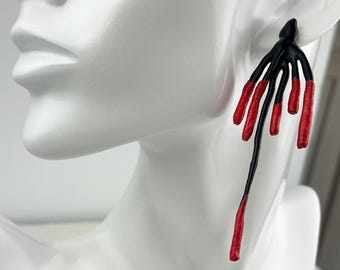 Red Drip Earrings – Black and Red Sculptural Statement Earrings, Artistic Modern Jewelry, Handmade Rubber and Plastic Design