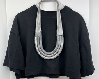 Bold Silver Necklace, oversized Fabric Necklace, Metallic Statement Necklace
