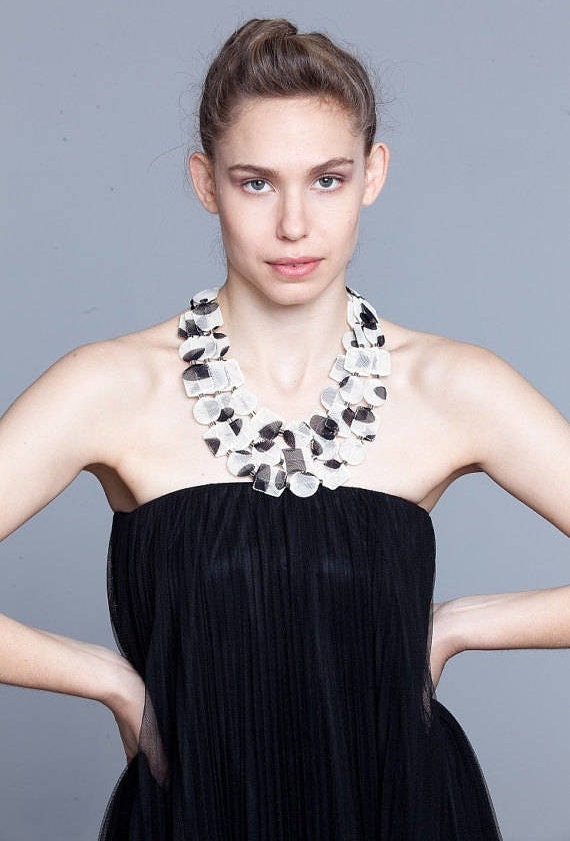 Off-White Black Polka-Dot Bib Necklace, Bold Layered Chiffon Statement, Sculptural Wearable Art Jewelry, Mother of the Bride Gift