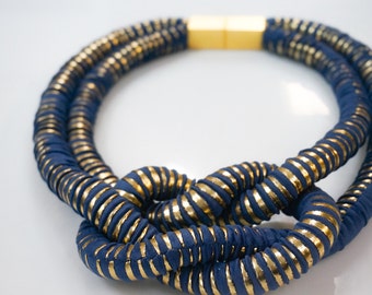 sailor knot necklace, metallic necklace, fabric necklace, textile jewelry, statement necklace, fiber necklace, double necklace