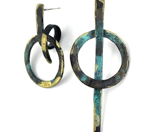 Handmade Brass Patina Earrings | Mix And Match Circle Line Studs | Oxidized Statement Earrings