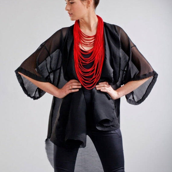 Red Multi-Strand Spandex Necklace — Magnetic Clasp Sculptural Statement Jewelry