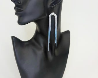 Blue Silver Ombré Dangle Earrings, Lightweight Sculptural Copper Chain Statement Jewelry