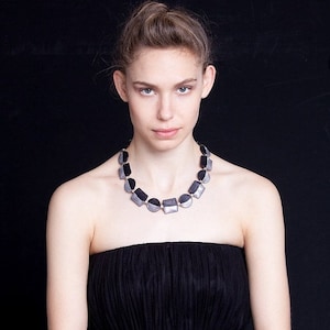 Textile necklace,  fiber jewelry, statement necklace, discs jewelry, fabric jewelry, elegant jewelry, short bib necklace, black and silver