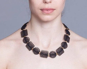 Textile necklace,  fiber jewelry, statement necklace, discs jewelry, fabric jewelry, elegant jewelry, short bib necklace, black and silver