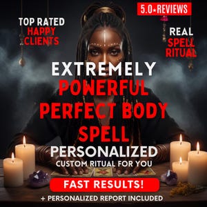 May include: An advertisement for a spell service. The image features a woman with decorative face paint, surrounded by candles and crystals. Text includes "Extremely Powerful Perfect Body Spell" and "Fast Results!"