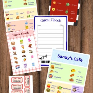 May include: A collection of colorful menu and ticket designs. Includes menus for Sandy's Breakfast Shop, Pizza, and Sandy's Cafe, a guest check, snack shack menu, and cinema tickets.