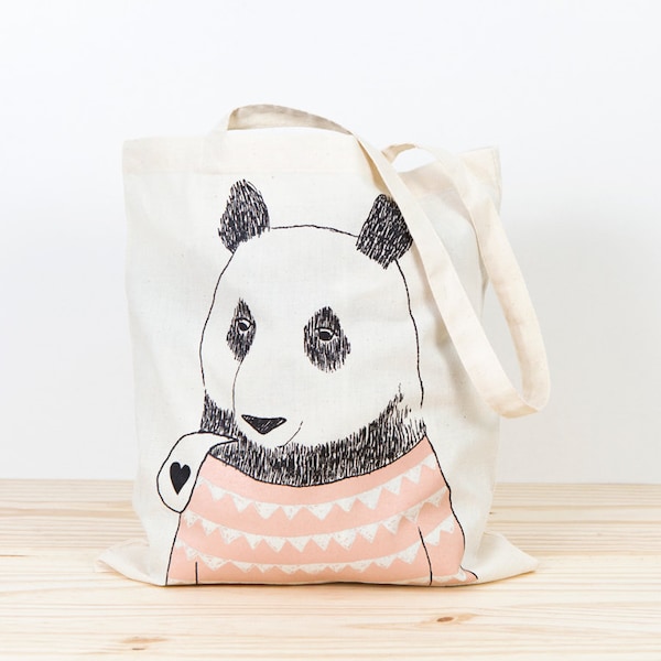 Tote bag, Bear, Depeapa, screen printed canvas tote, organic cotton, panda bear, pink