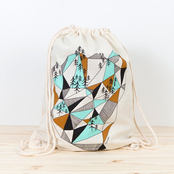 Backpack Tote, geometric mountain, depeapa, screen printed canvas backpack tote, organic canvas backpack, geometric canvas backpack
