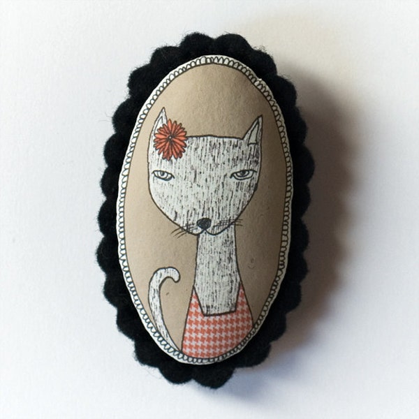 cat with flower - color handcrafted and illustrated brooch felt