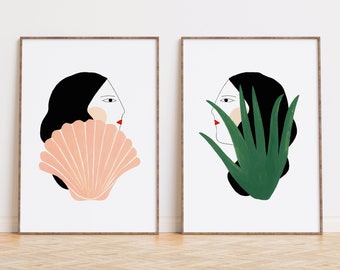 Wall art decor, art prints, women portrait set of two prints, depeapa illustrations - GIRLS, cactus and shell