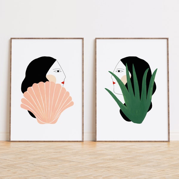 Wall art decor, art prints, women portrait set of two prints, depeapa illustrations - GIRLS, cactus and shell