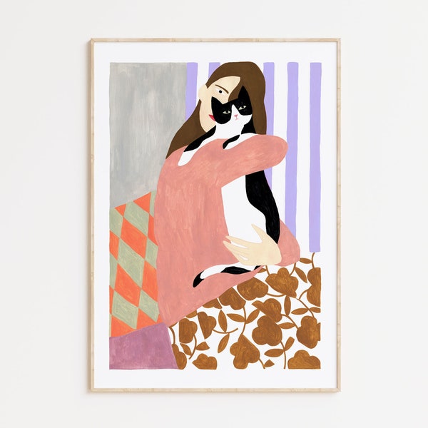 Mujer y gato retrato, Ilustración, depeapa print, lámina giclée - Mujer y gato -