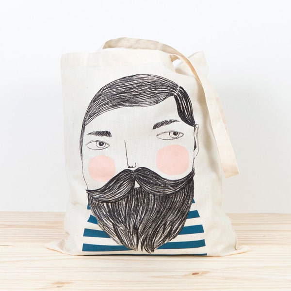 Tote bag, Bearded man, Depeapa, sailor tote bag, screen printed canvas tote, organic canvas tote