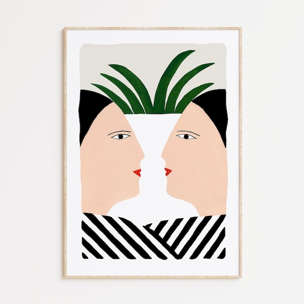 Wall decor art print, women, twins art print, depeapa illustration - Face to face -