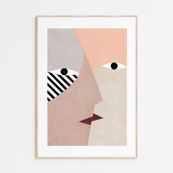 Kiss wall art print, Love, abstract faces, depeapa illustration - KISS I -