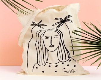 GIRL III - Tote bag by Depeapa, Girl and Palms Tote bag, organic canvas tote, depeapa, screen printed tote bag, illustration