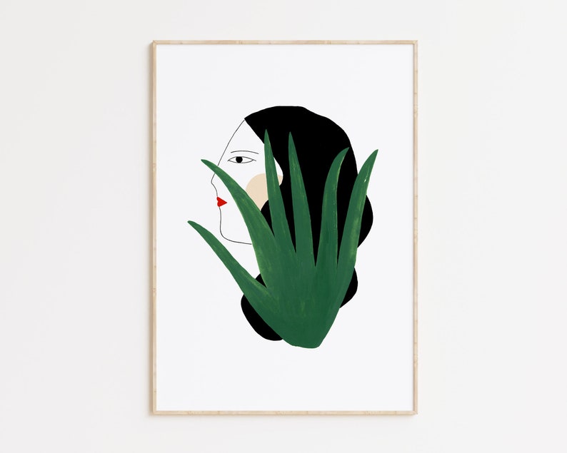 Wall decor art print, Woman and plants giclée art print, depeapa illustration Girl and cactus image 1