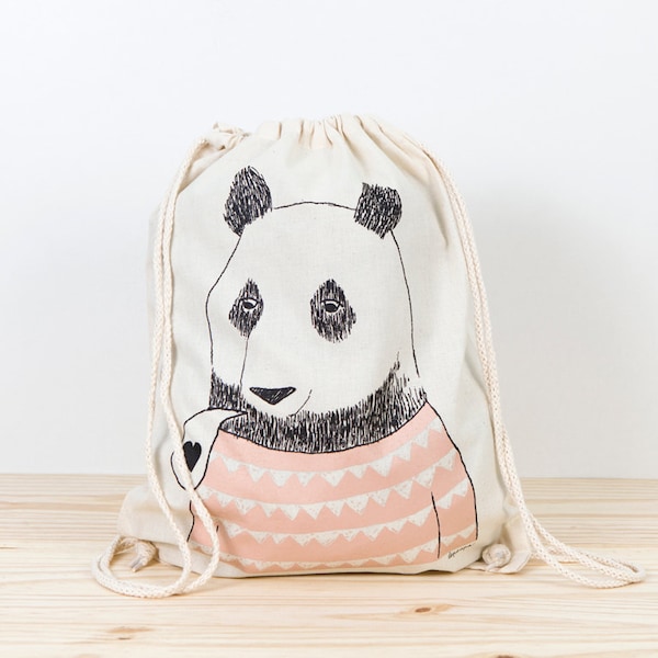 Dragen van rugzak Tote, depeapa, scherm gedrukte canvas rugzak, organische canvas rugzak, illustratie, geschenk, Panda Bear rugzak, liefde, roze