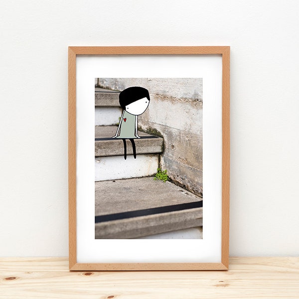 Art print, illustration by depeapa, home decor. little girl illustration, portrait wall art, kids wall decor - Girl on stairs -