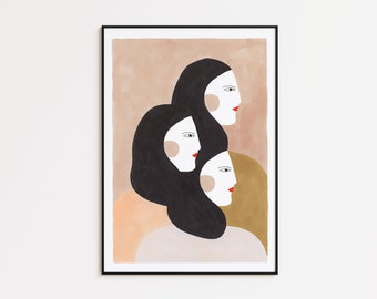 Wall art home decor, women art print, Depeapa illustration, twins giclée print - SISTERS -