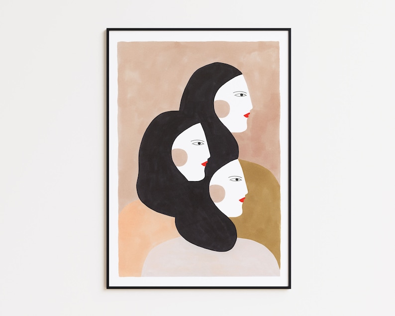 Wall art home decor, women art print, Depeapa illustration, twins giclée print SISTERS image 1