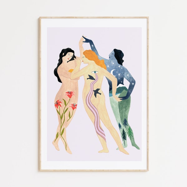 Wall art home decor, women dancing art print, depeapa, 8M illustration - The three graces -