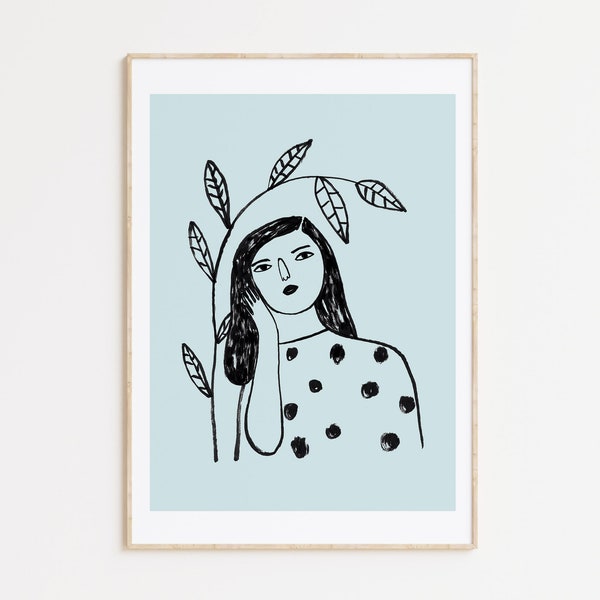 Woman portrait illustration, wall decor art print, depeapa print, boho art  - Woman and branch Blue -