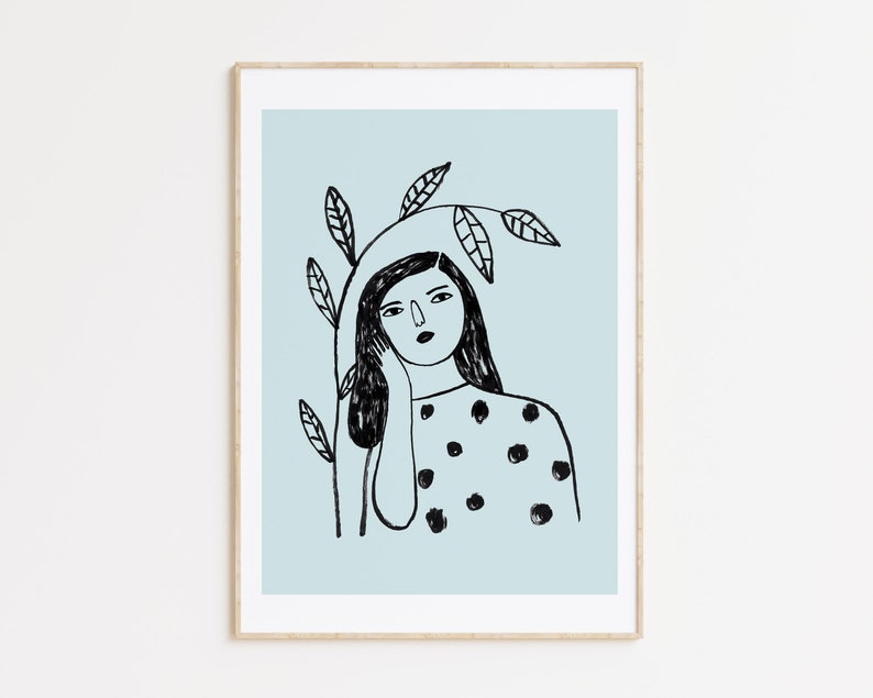 Woman portrait illustration, wall decor art print, depeapa print, boho art Woman and branch Blue image 1