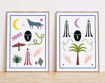 Wall art decor, art prints, Mystic amulets set of two prints, Depeapa Illustrations - TOTEMS -