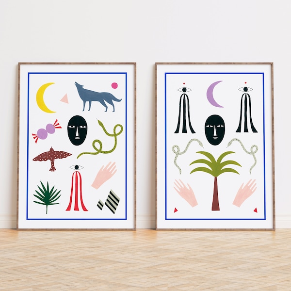 Wall art decor, art prints, Mystic amulets set of two prints, Depeapa Illustrations - TOTEMS -