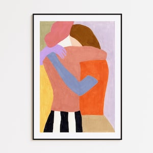May include: Abstract painting of two figures embracing. The figures are depicted in a simplified style with geometric shapes and bold colors, including pink, orange, blue, and yellow.