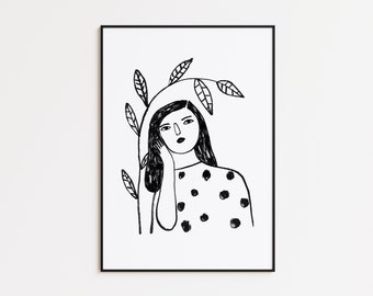 Wall decor art print, Woman portrait, Depeapa illustration - WOMAN and BRANCH B&W -