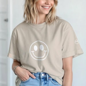 Embroidered Happy Smiley Face Shirt | Minimalist Joyful Graphic Tee | Positive Vibe Embroidery T-Shirt | Aesthetic Summer Cotton Top